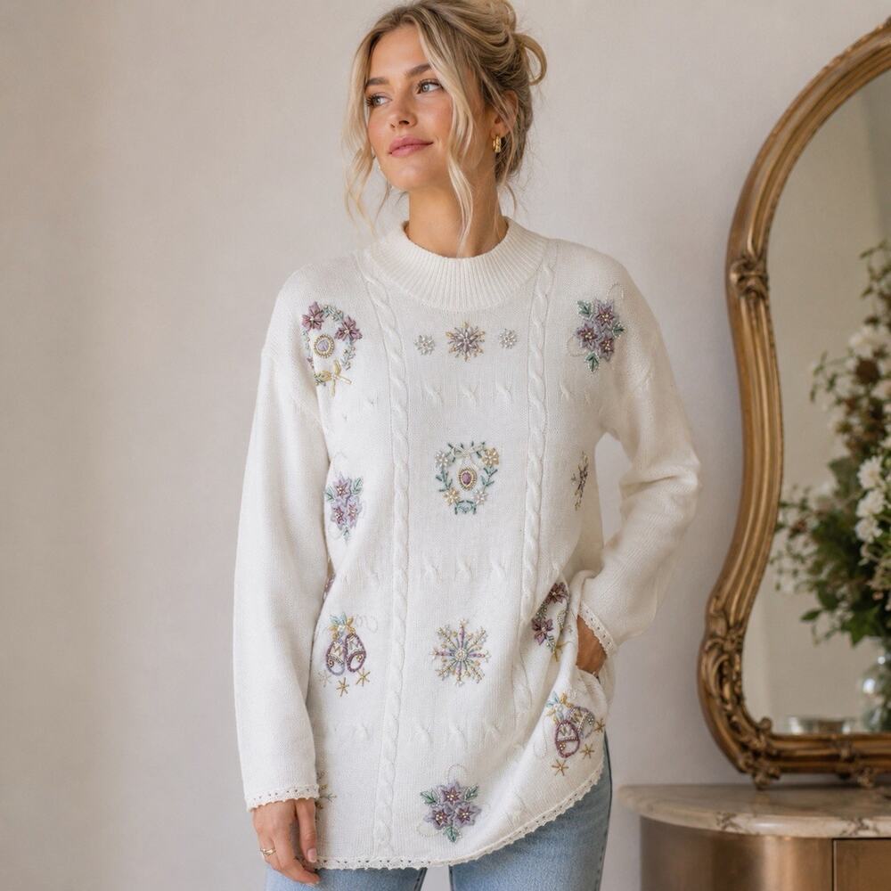 Koret Christmas Sweater Womens Large Ivory Pastel Embroidery Beaded Grannycore